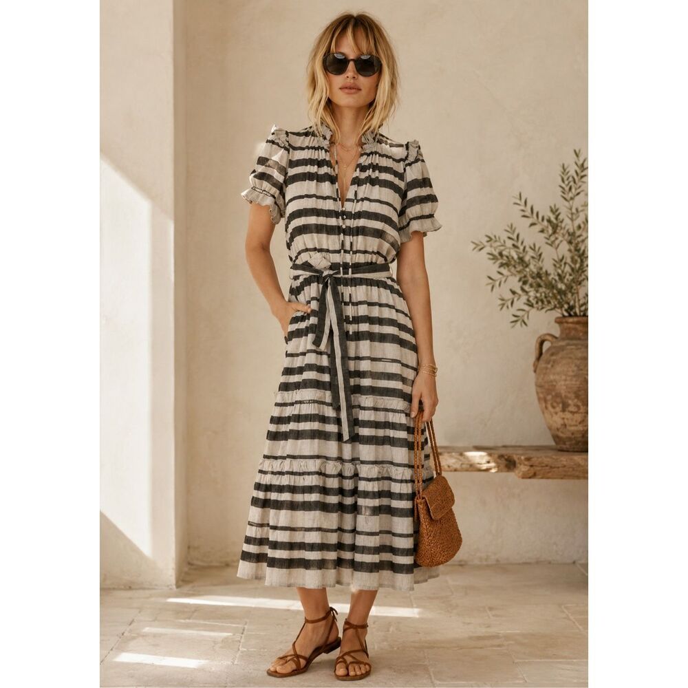 Hunter Bell Matthews Stripe Ruffle Midi Dress | Belted Blend Tiered Dress, XS $4